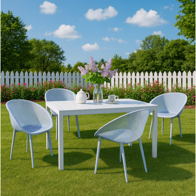 4-Pack Light Blue Modern Lounge Chairs – Indoor/Outdoor All-Weather PP Plastic with 55 Inch White Modern Long Table - Indoor/Outdoor- Lightweight PP Tabletop with Metal