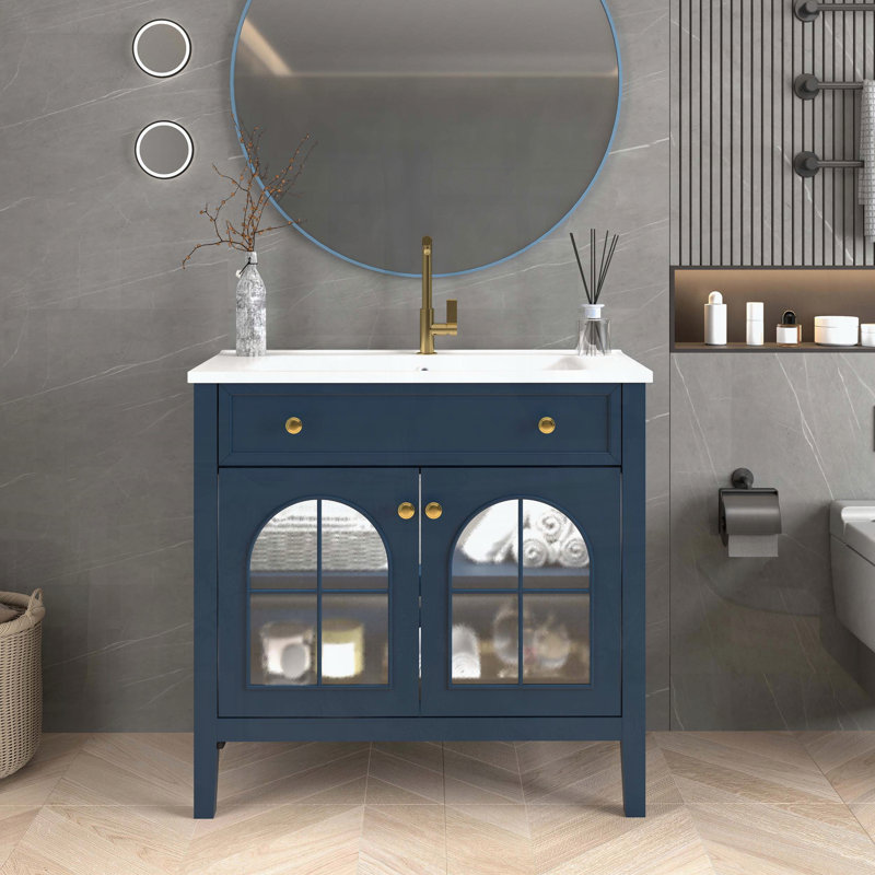 Meuble-lavabo Mid-Century avec capteur de mouvement et verre à motif, bleu, Bleu