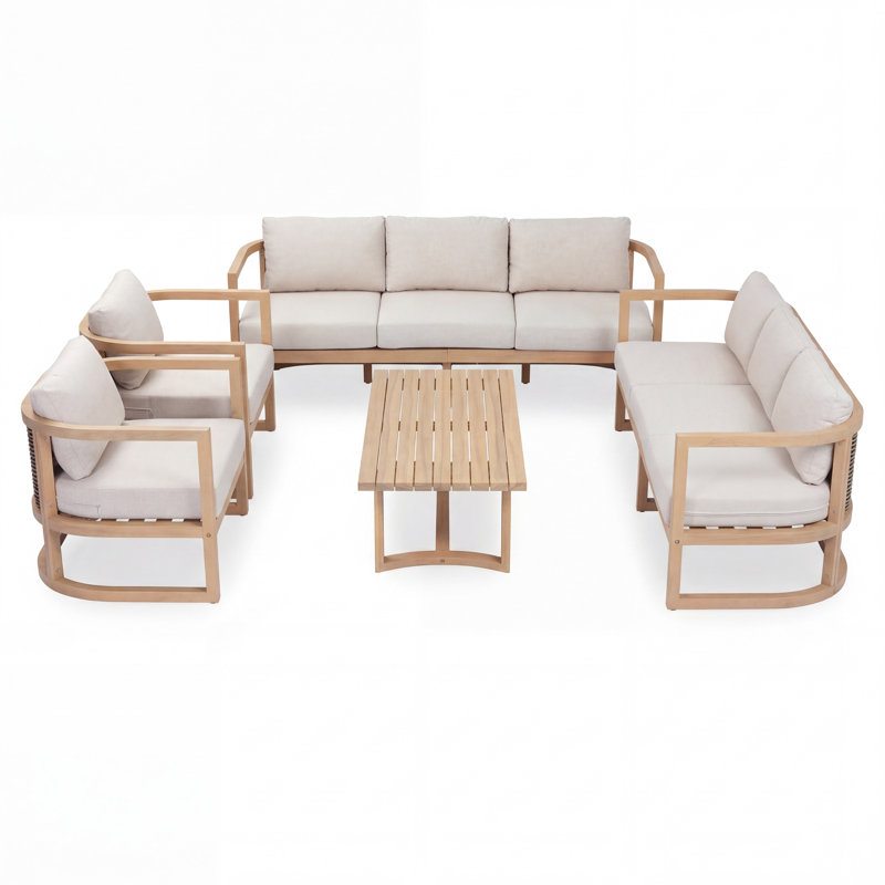 Ensemble de conversation d'extérieur en bois d'acacia pour 5 personnes avec dossier et coussins tissés en rotin Kaida