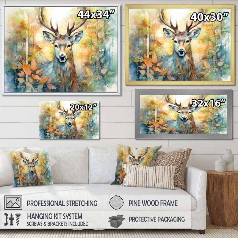 Deer Wonderers I - art mural cerf, H 24 po x l 32 po x P 1 po, Cadre flottant doré