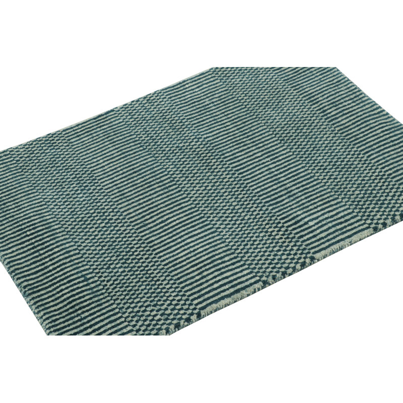 Rug & Kilim’S Modern Rug In Cream And Blue, With Stripes And Geometric Patterns, Rectangle 2' x 3'
