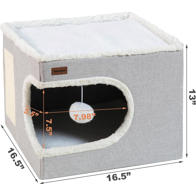 Gray Plush Covered Cat Cube House with Hanging Ball