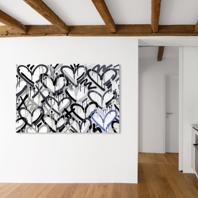" Corey Paige - Hearts Greys With Blue Accent " by Wynwood Studio, 30" H x 45" W x 1.5" D