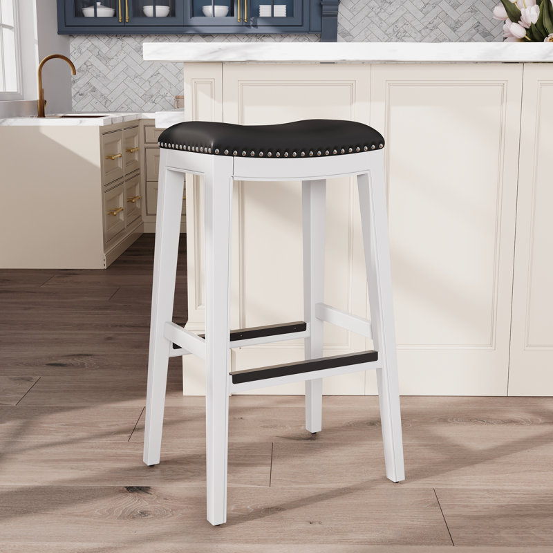 Tabouret de bar blanc de 30 po avec siège en cuir noir, fabrication en bois franc, ajoute du style à votre cuisine ou tabouret, et cuir, structure solide pour la longévité