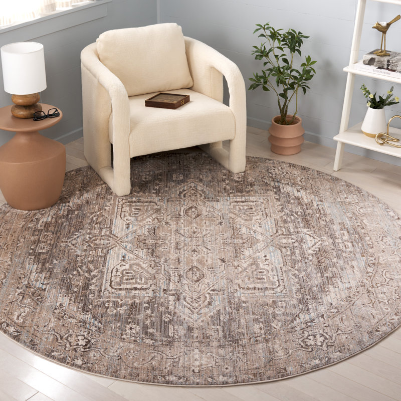Tapis oriental en polyester tissé à plat en brun / beige, Rond 6 pi 7 po