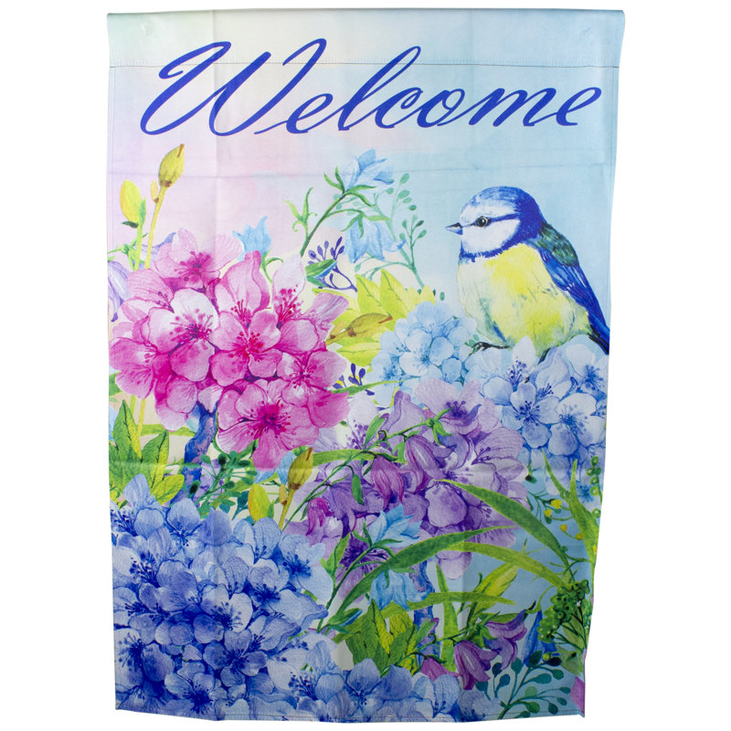 Drapeau extérieur bleu et mauve Welcome Bird, H 40 po x l 28 po
