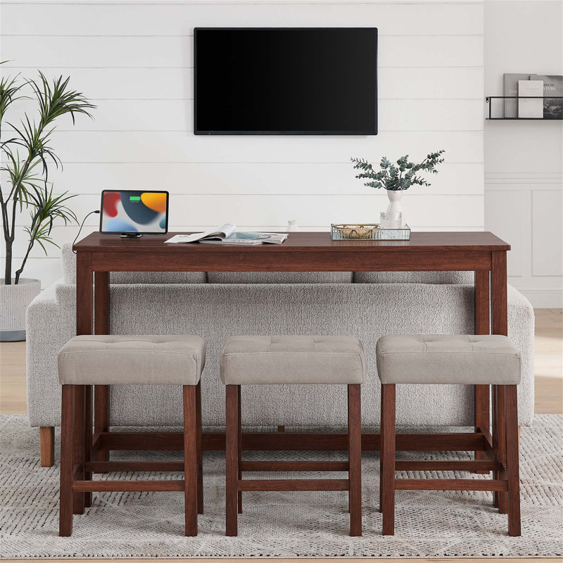 Ensemble de table de bar et tabouret de 59 pouces avec prise de courant, idéal pour les espaces de vie et de salle à manger modernes, peu encombrant et polyvalent