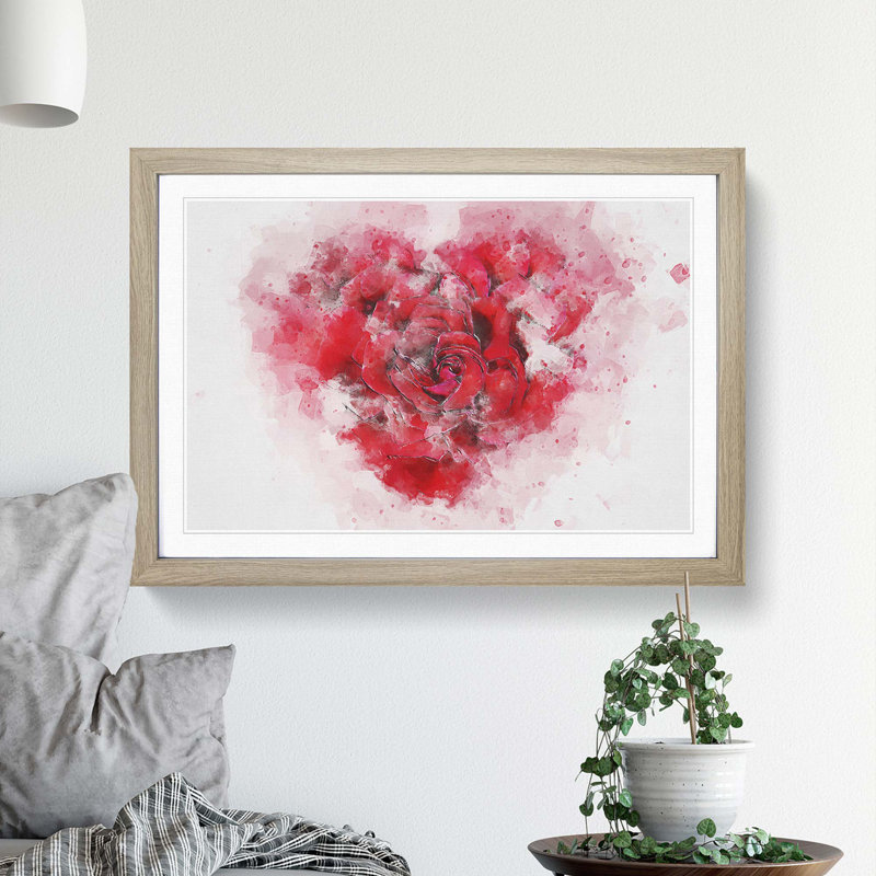 Red Rose Heart in Abstract - Picture Frame Painting Print, 48cm H x 65cm W x 2cm D, Oak Framed