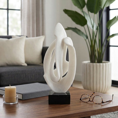 Abstract Carved Sculpture Statue For Home Decor - Contemporary Decorative Object For Living Room Decoration - 14", White & Black