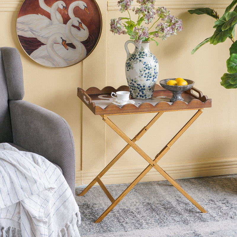 Table-plateau 23,5 po x 15,5 po x 24 po en MDF brun avec motif de cygne blanc et base en fer