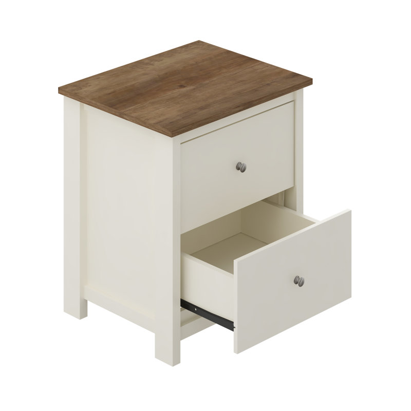 Isenbert 21.9" 2 Drawer Nightstand, Ivory/Knotty Oak