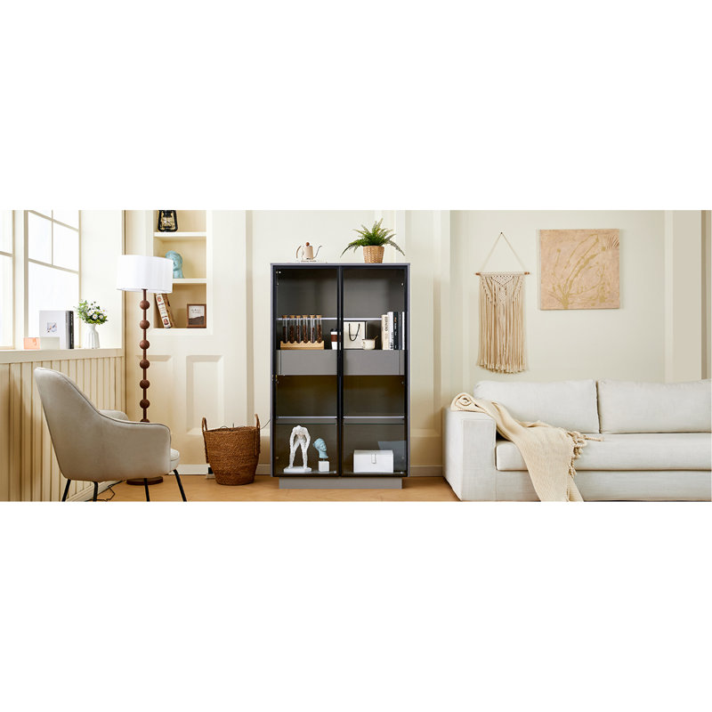 60.6'' Freestanding Glass Door Display Cabinet, Bookcase With 2 Storage Drawers, Pantry With LED Lighting And Adjustable Shelves, For Hallways, Kitchen, Livingroom & Office - Grey