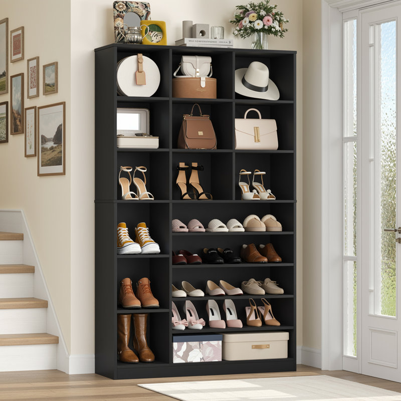 27 Pair Shoe Cabinet With Adjustable Shelves, 41.3"W X 73.6"H Shoe Storage Cabinet For Entryway, Bedroom, Living Room, Black