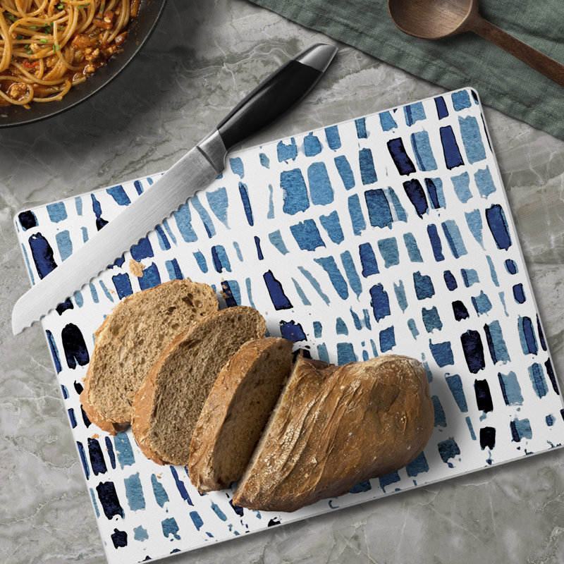 Indigo Wavy Lines Tempered Glass Cutting Board 10" x 8"