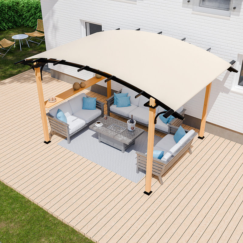 Premium 8.5' X 13' Outdoor Metal Pergola Gazebo With Arched Canopy, Shelves & Bar Top - Natural Wood-look Frame For Patio, Garden, Backyard & Barbecue