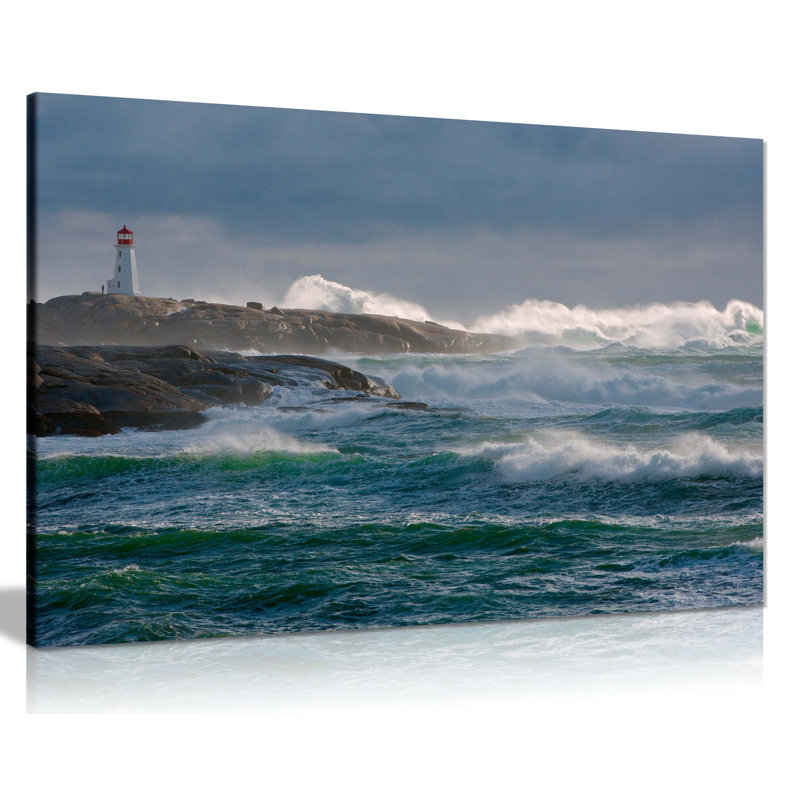 Lighthouse And Ocean Waves - Wrapped Canvas Print, 51cm H x 76cm W