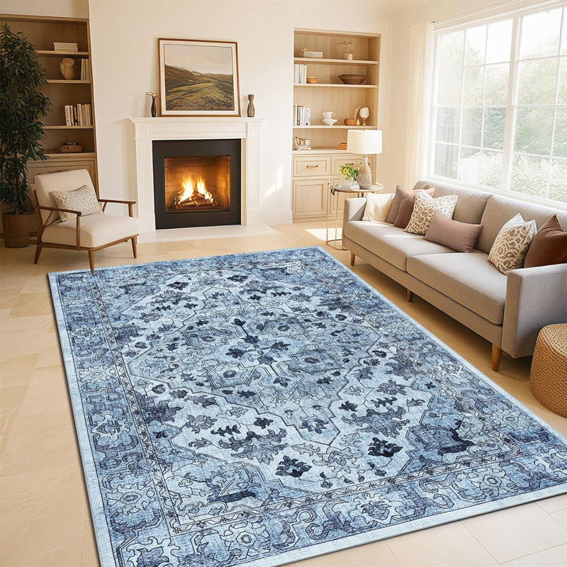Entryway Rug, Washable Vintage Low Pile Stain-Resistant, Non-Slip Soft Thin Carpet for Kitchen, Bedroom, Bathroom 