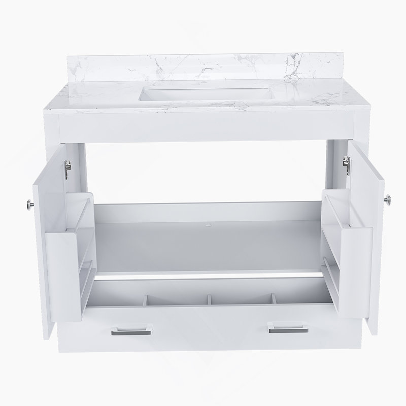 Ensemble de meuble-lavabo moderne 43 po avec plateau en marbre de Carrare blanc, armoire de salle de bain multifonctionnelle avec portes et tiroir, cadre solide et panneau en bois aggloméré (trou de robinet simple)