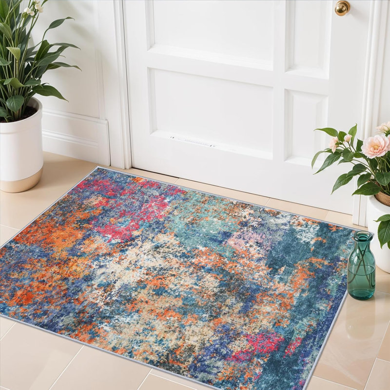 Abstract Washable Rug - Living Room Bedroom Large Area Rug Indoor Farmhouse Stain Resistant Carpet Non-Slip Machine Washable Distressed Soft Room Decor Colorful/Multi