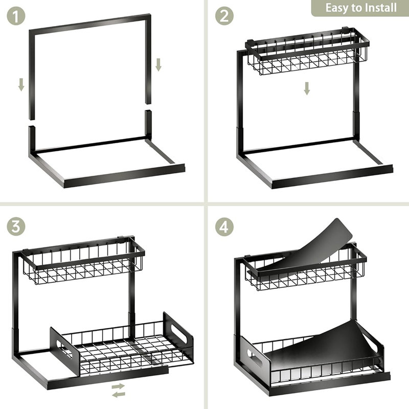 Ensemble de 2 tablettes coulissantes sous le lavabo à 2 niveaux - Armoire de rangement noire pour la cuisine et la salle de bain