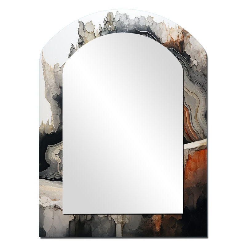 Stone Geode Scenery Minimalism - Stone Geode Asymmetrical Decorative Wall Mirror, Beige Arch Large Mirror, Printed Metal Art