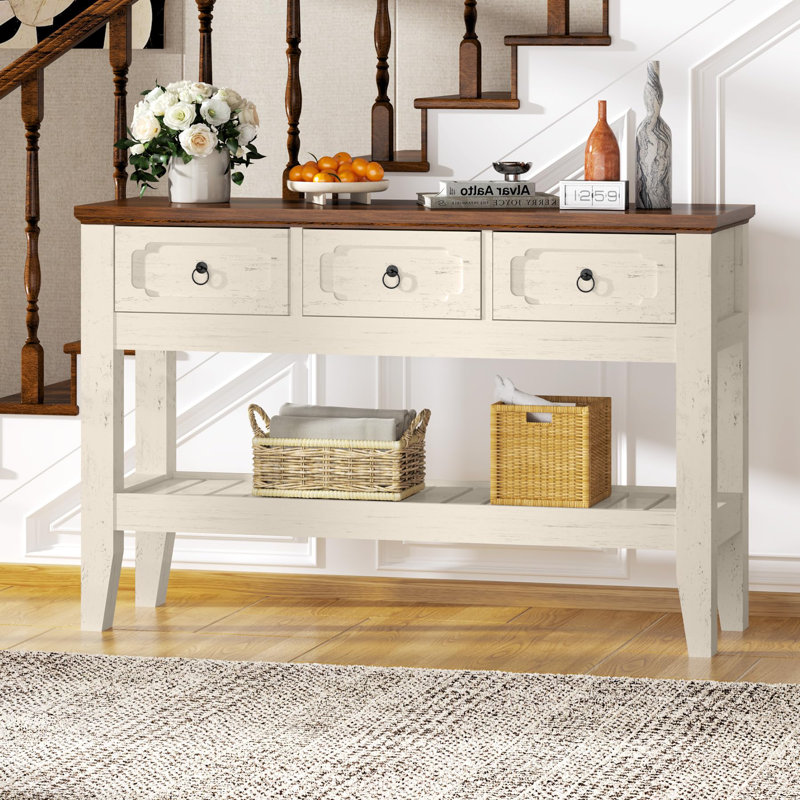 Console de 47 po de style campagnard pour entrée, étroite table d'entrée rustique avec 3 tiroirs et grande tablette de rangement