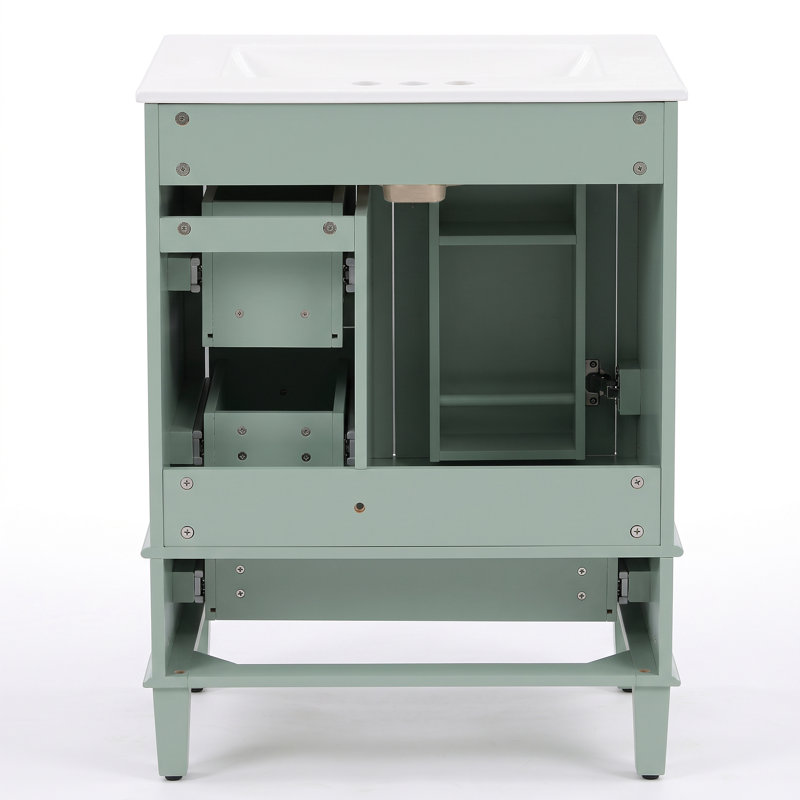 Meuble-lavabo autoportant 24 po en bois massif + panneau de fibres à densité moyenne avec lavabo intégré en céramique, meuble de salle de bain vert avec tablette à double couche, tiroirs et porte à fermeture en douceur