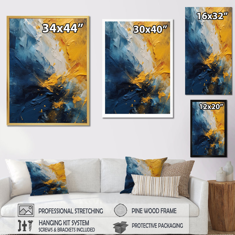 Expressions intuitives bleues et jaunes II - Art mural abstrait pour le salon, Cadre simple noir