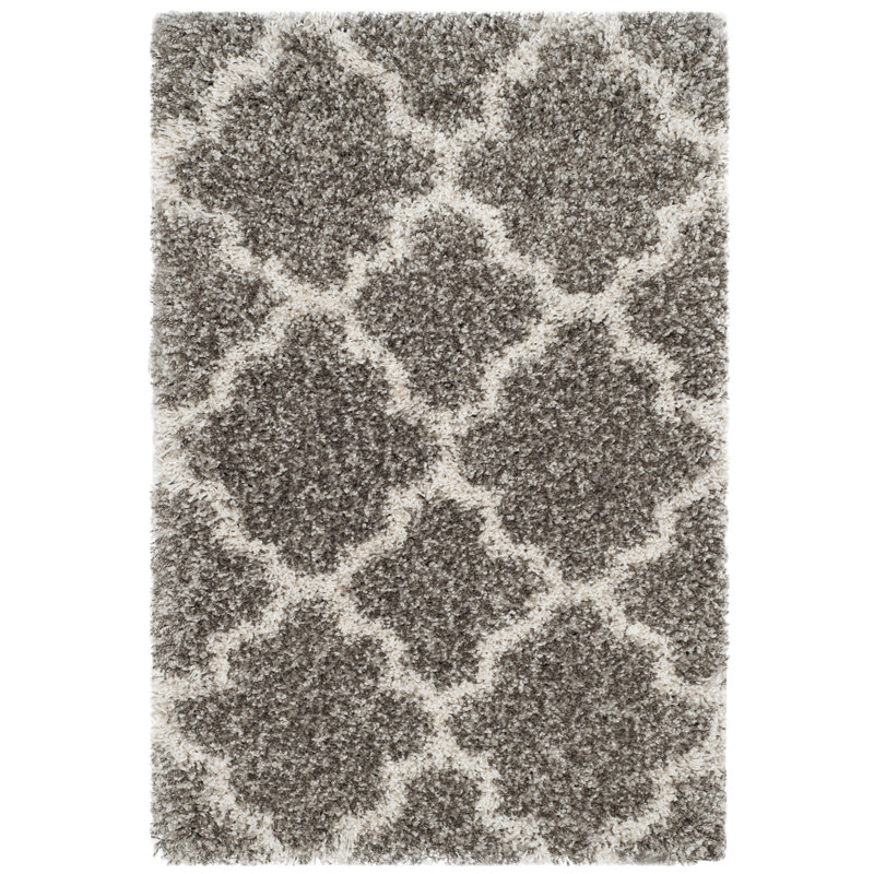 Tapis à poil long à motif géométrique gris, Grey/Ivory, Rectangle 2 pi x 3 pi