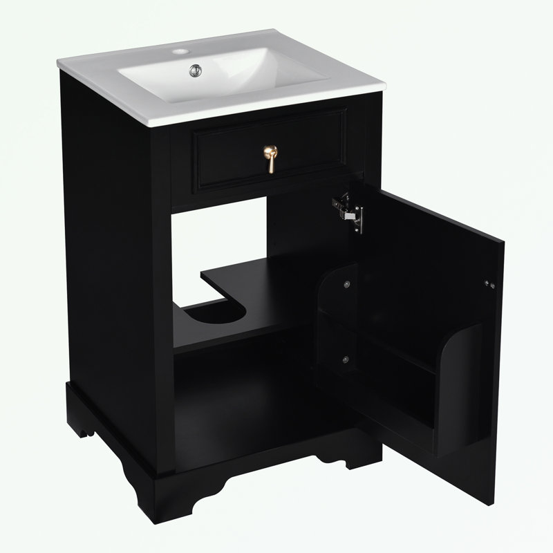 Bathroom Vanity with Ceramic Sink, Adjustable Shelf and Door-Mounted Storage Rack, Black