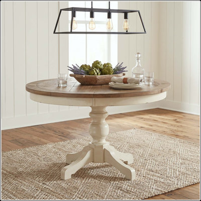 Table de salle à manger ronde à deux tons avec blanc antique et chêne vieilli