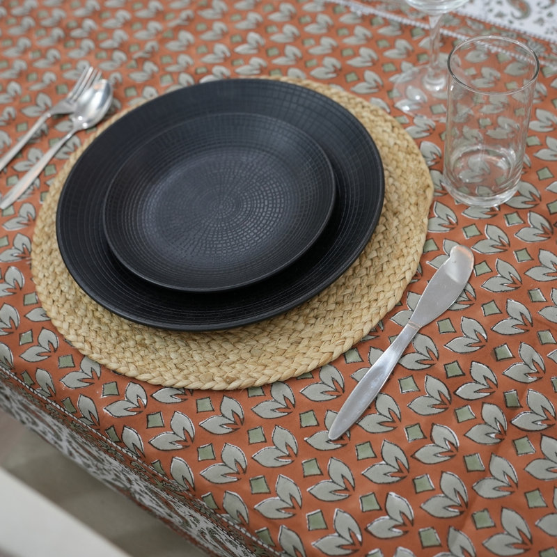 Housse de table en coton Buti Block Print - Rustic Elegance, Titli, rouille, L 60 po x L 60 po