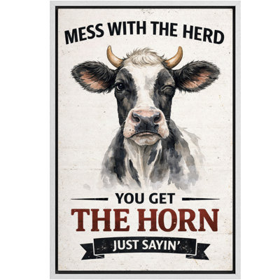 Mess With the Herd You Get the Horn Funny Cow Quote Artwork, Living Room Pictures, Framed Canvas Giclee Print Wall Art