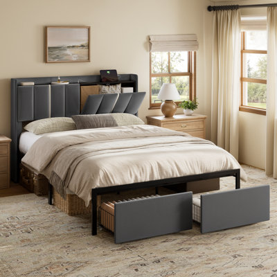 Upholstered Full Bed with 2 Drawers and Open Storage Headboard，Platform Bed with Charging Station, No Spring Boxing Needed, Gray