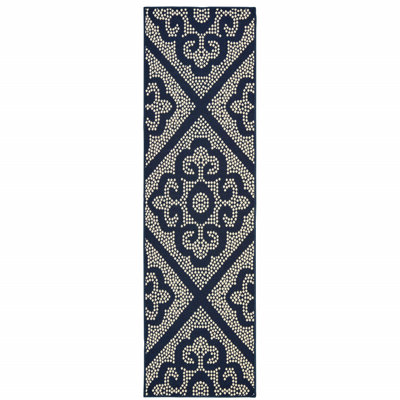 Tapis intérieur / extérieur bleu et ivoire 2 pi x 8 pi résistant aux taches