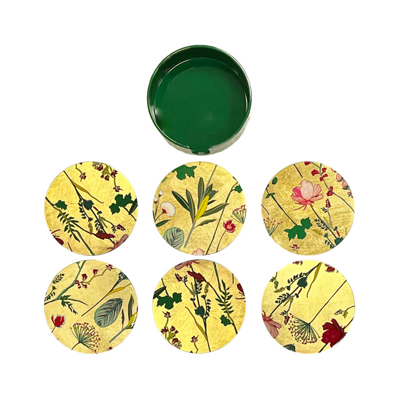 Flower Round Lacquer Coasters with Holder