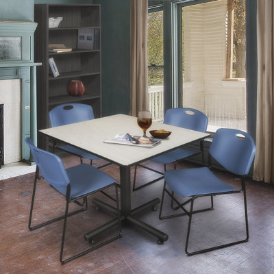 Nicklas square break room table, 4 Zeng stacking chairs