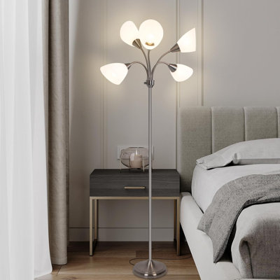 Lampe sur pied réglable à 5 têtes avec grand abat-jour Medusa, lampe de lecture à col-de-cygne flexible, compatible avec une ampoule E26, interrupteur rotatif à 4 voies, finition nickel satiné pour le salon, la chambre à coucher