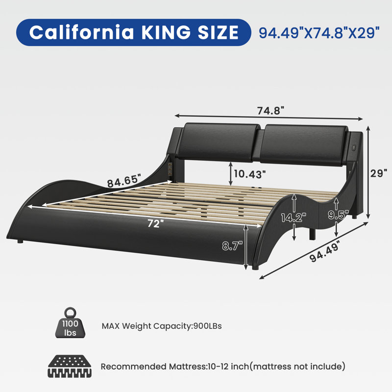 Led Bed Frame With Charging Ports And Headboard Modern Low Profile Platform Bed Frame With Led Lights Wave Like Curve Led Bed Frame,wood Slats Support,easy Assembly,black