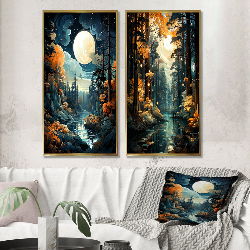 Ensemble de 2 impressions sur toile Moonlight River Retreat Into The Forest IV - Forest River Mountains, Encadrement doré