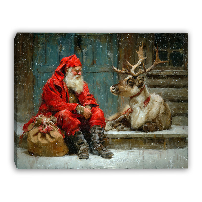 «Santa and Reindeer Rest», art mural sur toile tendue, 30 po x 40 po