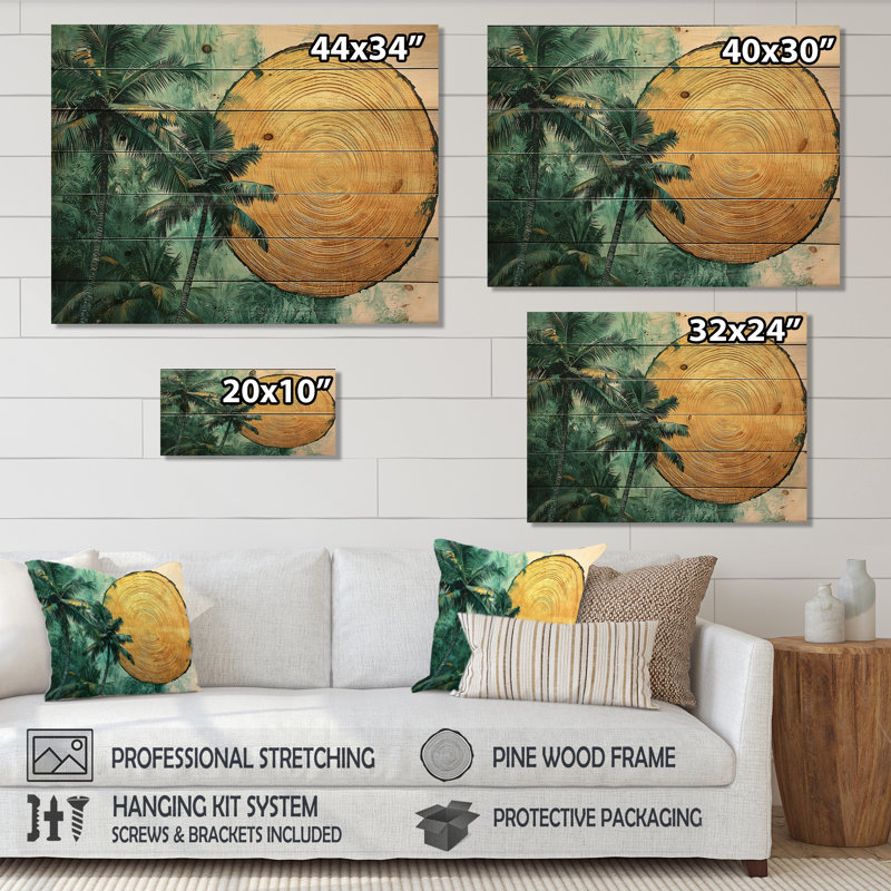 Émeraude, palmiers sur une forêt tropicale dorée II - palmiers et palmiers, art mural en bois, H 34 po x l 44 po x P 0,78 po