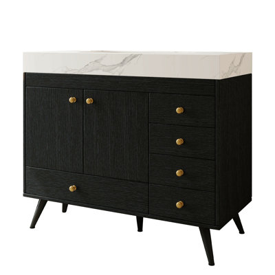 Meuble-lavabo autoportant 36 po avec comptoir en faux marbre, lavabo en céramique, 5 tiroirs et pieds en acier inoxydable