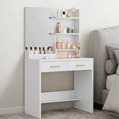 Vanity Desk with Mirror and 2 Drawers 3 Open Shelves, Makeup Vanity Table for Bedroom