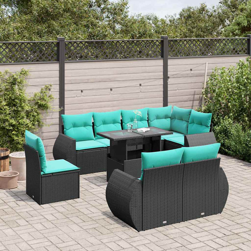 Ensemble de canapé de patio 9 pièces avec coussins en rotin de polyester, Bleu clair, Noir