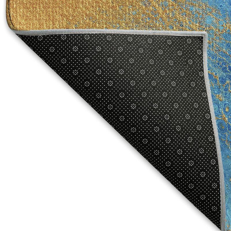 Premium Blue and Gold Abstract Rectangular Washable Rug