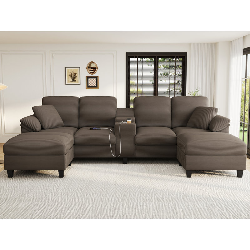 117" Oversized U-Shaped Sofa With 2 Storage Ottomans, Brown Corduroy