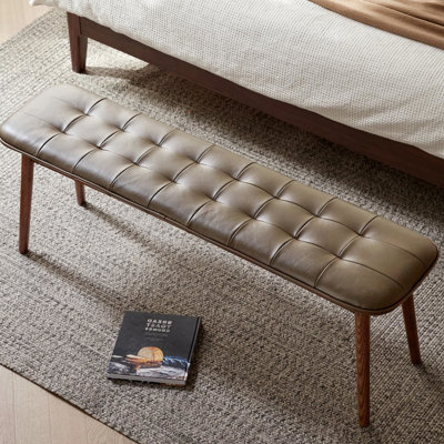 Banc en bois de chêne naturel brun, revêtement en cuir de vache importé, rembourrage en éponge à haute densité, multifonctionnel pour la salle à manger et le bout du lit, 12 po de largeur, 17,5 po de hauteur, banc d’instructions