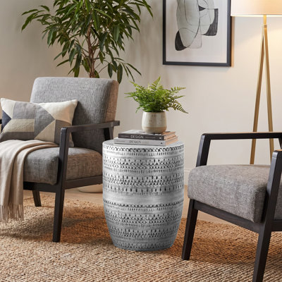 Johnsen 15"W Metal Industrial Boho Tribal Pattern Drum End Table with Textured Finish, Assembled