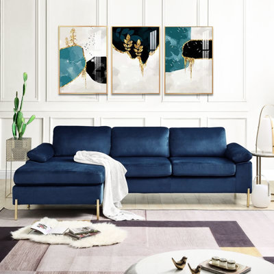 Blue Velvet 3 - Seat Coastal L Shaped With Mid Century And Blend, Solid Wood Frame, Gold Finished Metal Legs, Pillow Arms, Foam Padding, Removable Cushions For Living Room In Style, & Engineered